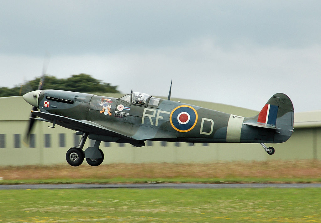 British Spitfire aircraft takes off.