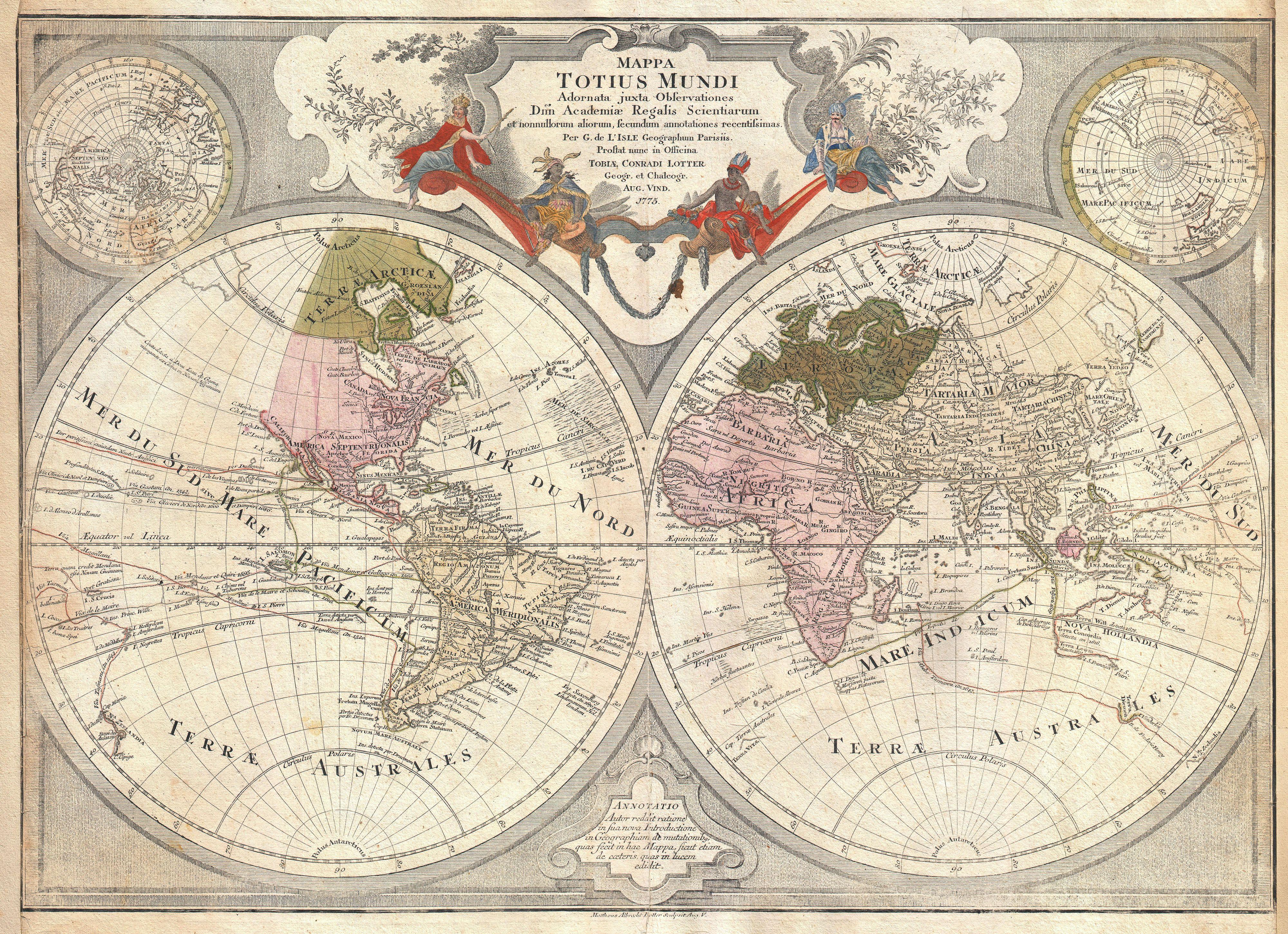 Lotter Map of the World on a Hemisphere Projection, 1775 / Public domain image from Wikimedia Commons