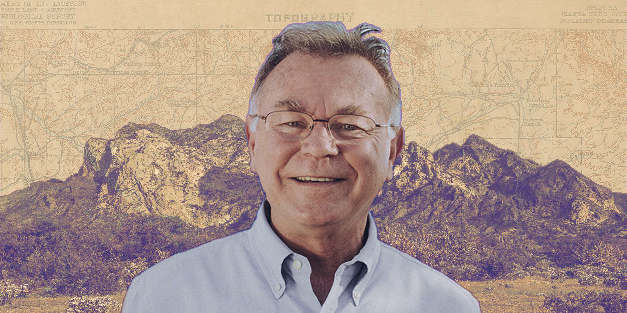 Edited image of Alberto Ríos in front of a mountain range with a map of the Sonoran Desert in the background