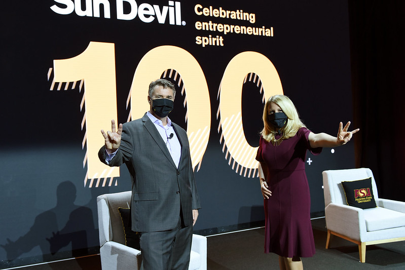 Ray Schey and Kylee Cruz throw up Pitchforks before Sun Devil 100 event