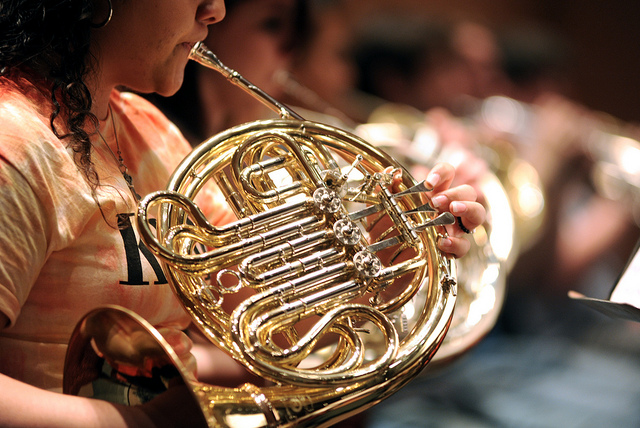 Photo of french horn player in Wind Band ensemble