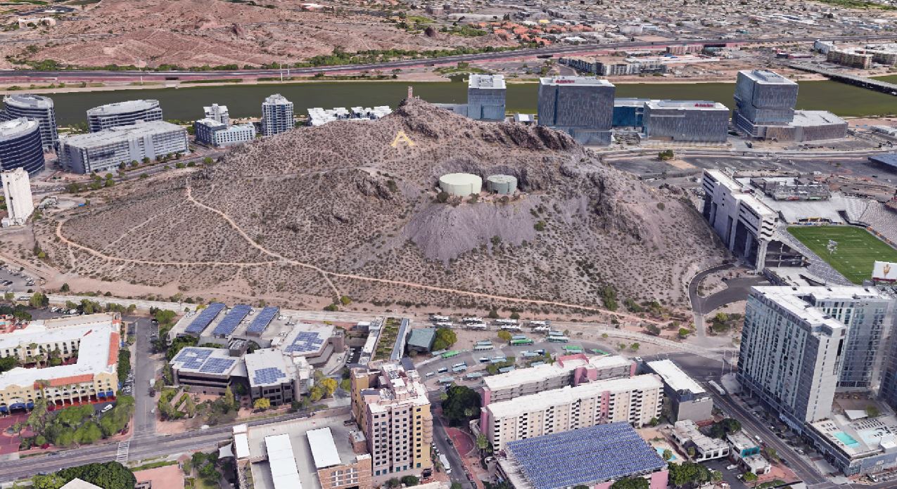 aerial image of downtown Tempe and A Mountain