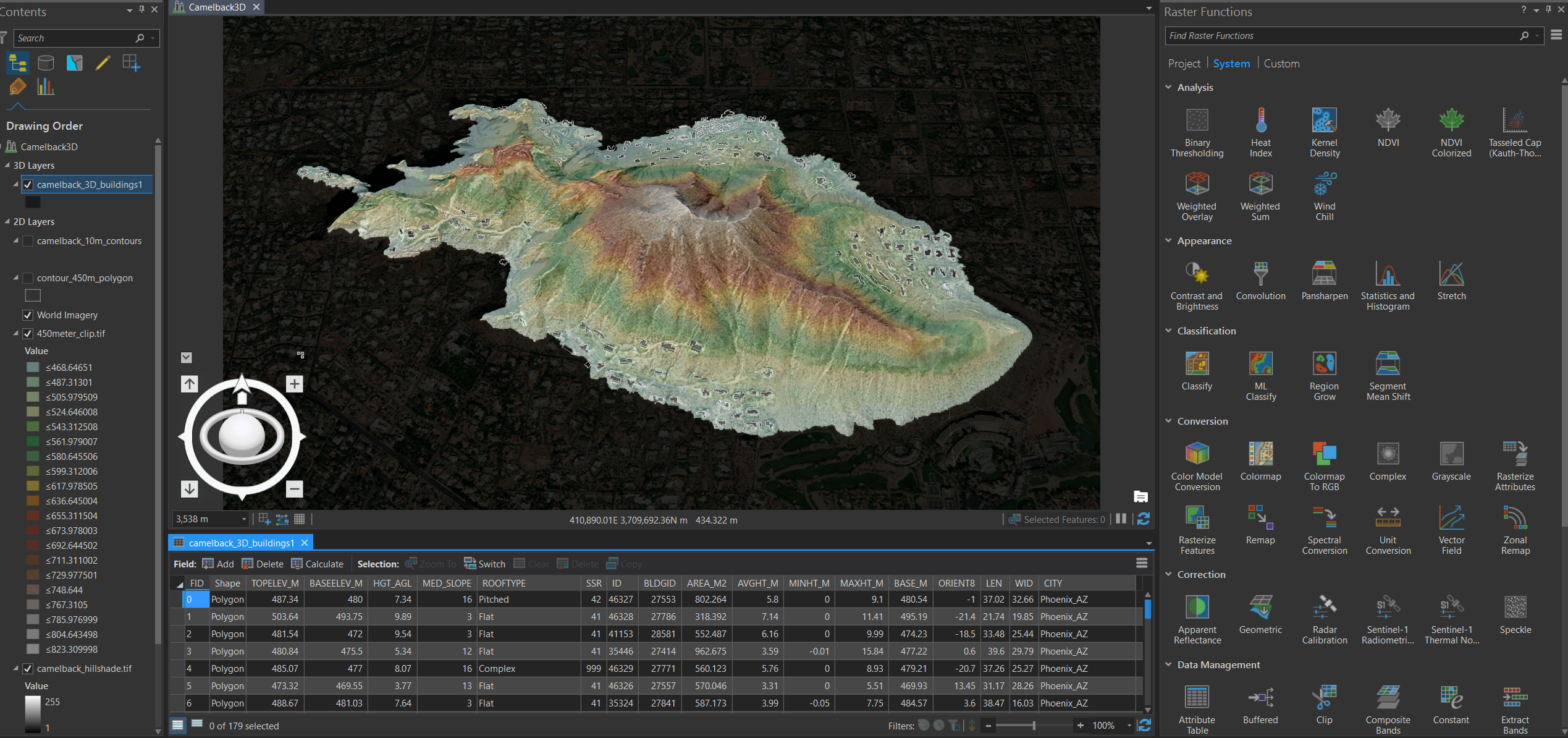 Image of ArcGIS Pro with a 3D model of Camelback Mountain. 