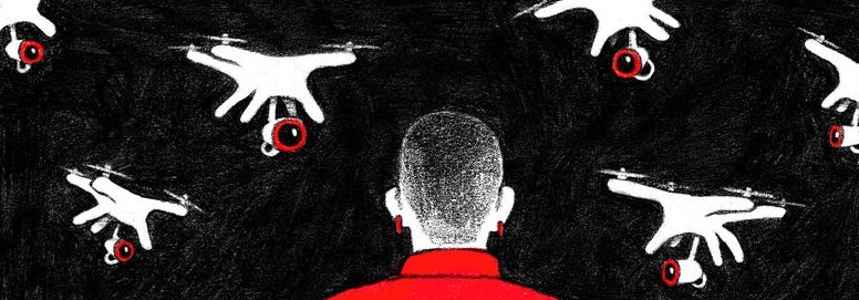 Illustration for the story "Burned-Over Territory" by Lee Konstantinou, showing a person with a shaved head and earrings seated, facing away against a black background while flying camera drones hover around their head.