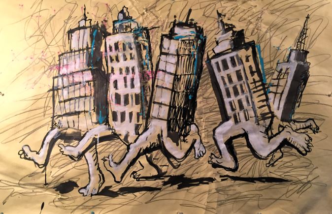 painting by artist Jeff Del Nero of city high-rise buildings with legs