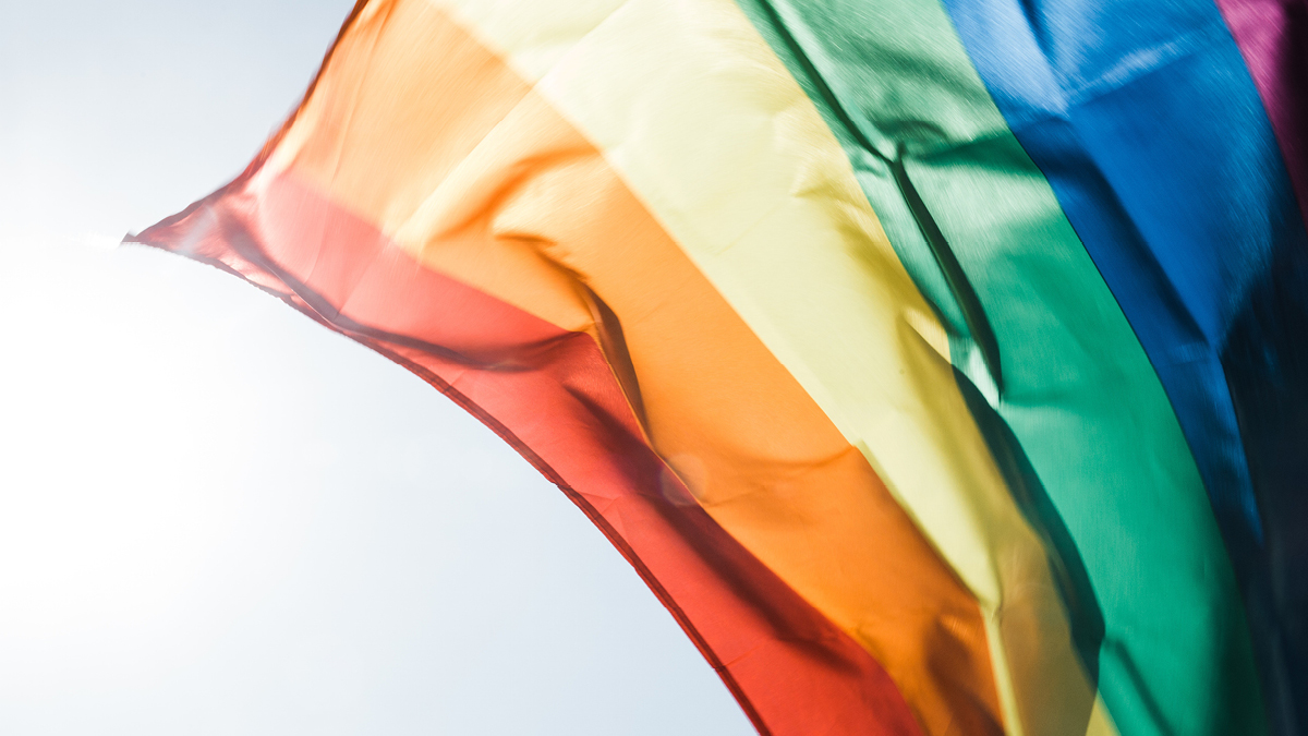 Portion of rainbow flag flying with sky background