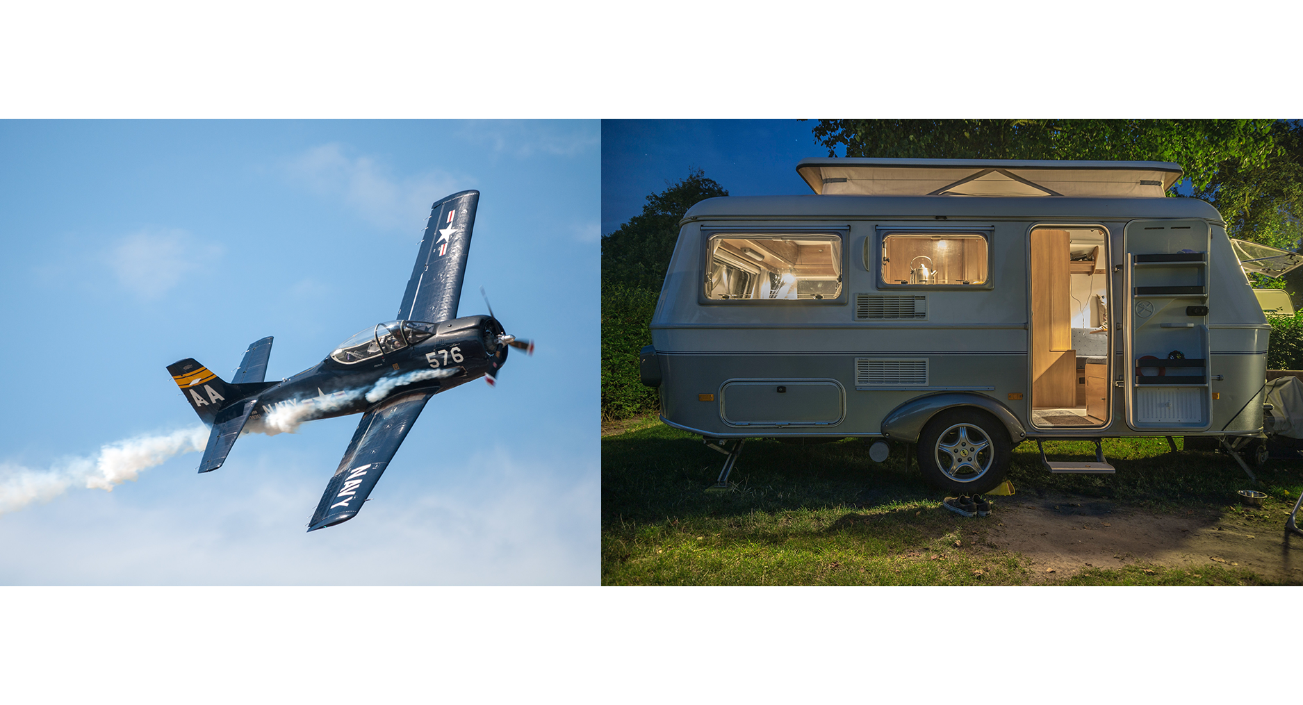 airplane flying in sky and travel trailer in woods