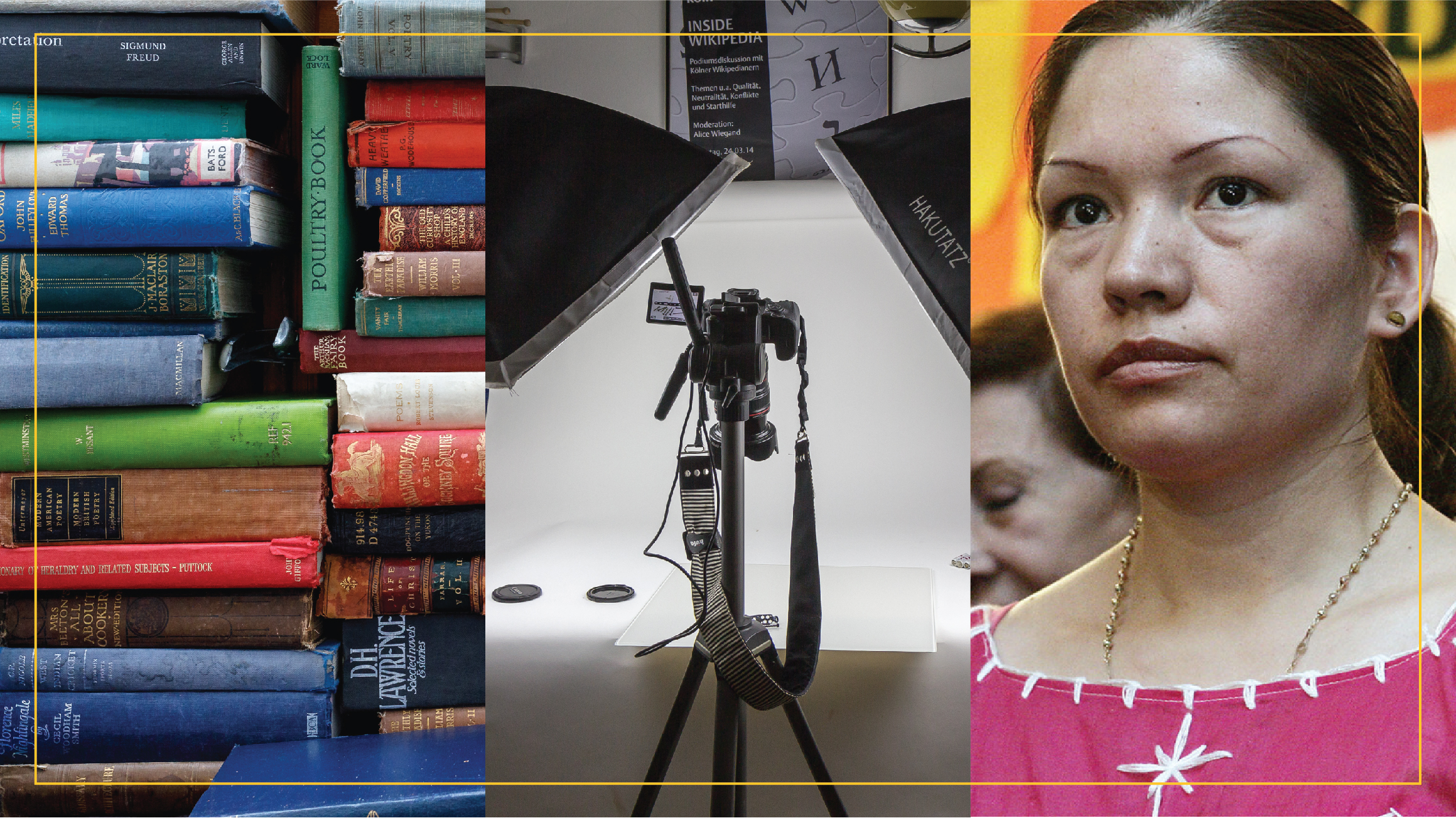 collage of stack of colorful books, image of video camera set up to film, activist Elvira Arellano