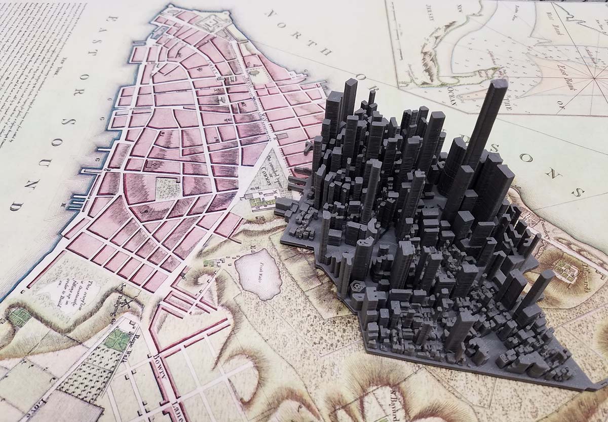 Lower Manhattan 3D Printed Model Atop Historic Map