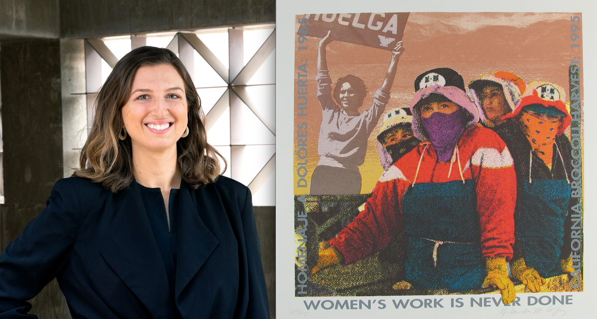 Image credit: ASU Art Museum Curator Brittany Corrales (left), Yolanda M. Lopez, “Women's Work is Never Done” (from 10x10: Ten Women/ Ten Prints portfolio), 1995, Screenprint, serigraph, 18 color, on Lenox 100 paper, 20 1/8 x 19 1/2 inches, Gift of the Ar