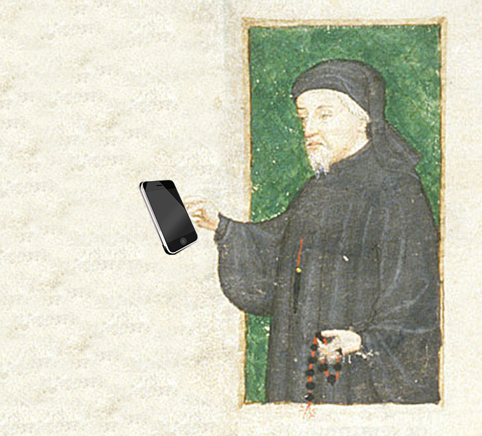 Illustration of Chaucer with an iPhone