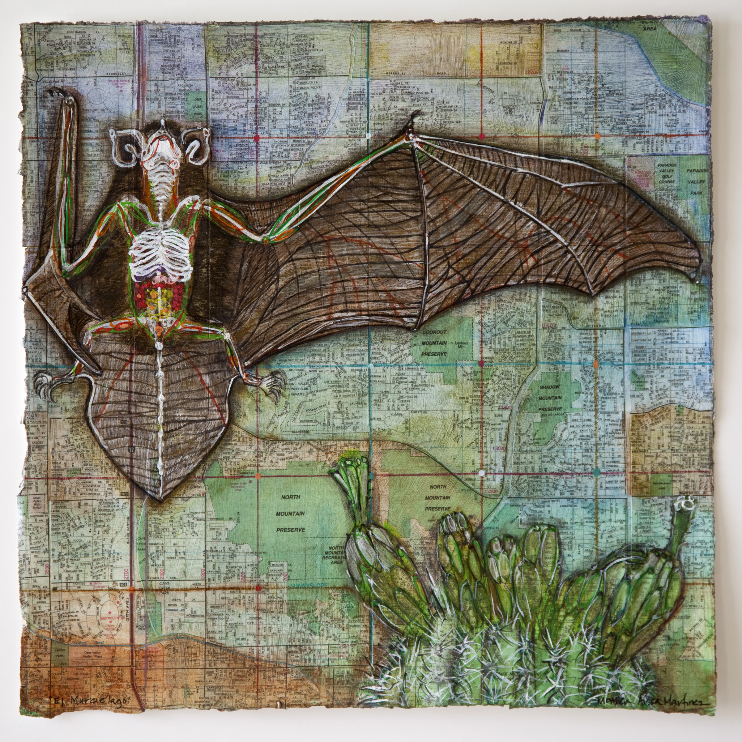 Monica Aissa Martinez, “El murcielago, The Bat: Arizona,” 2014. Mixed media on paper, 12 x 12 in. Image courtesy of the artist.