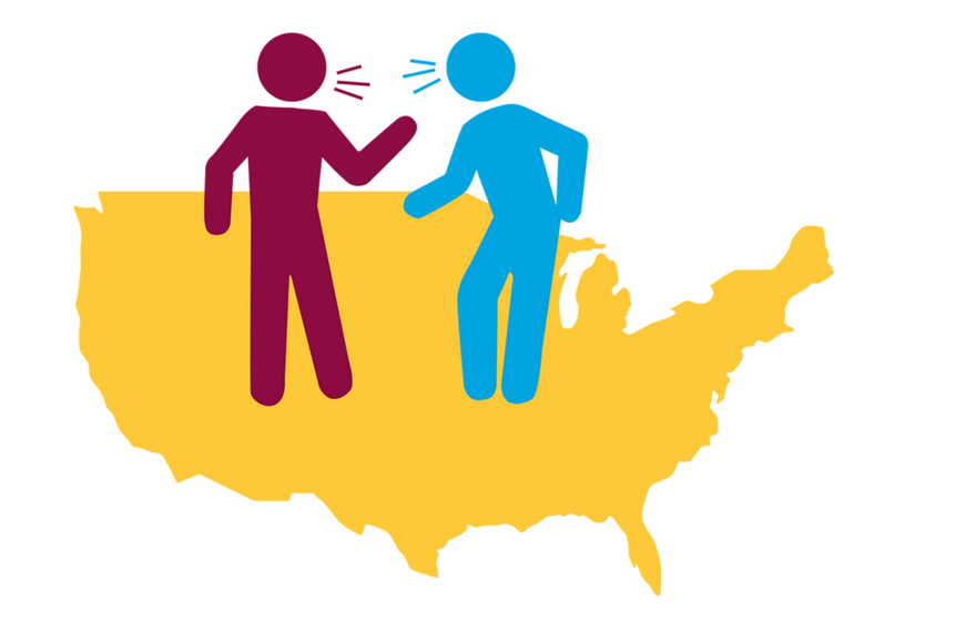 two stick figure illustrations arguing with a outline of the US in the background