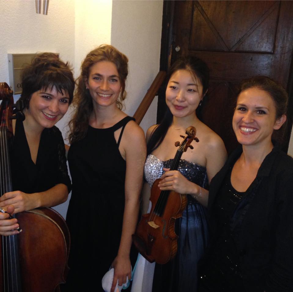Photo of (from left) Matilda Longué, cello; Anne-Lise Bernard, viola; Fumi, Nakamura, violin; and Isidora, Jovanovic, piano
