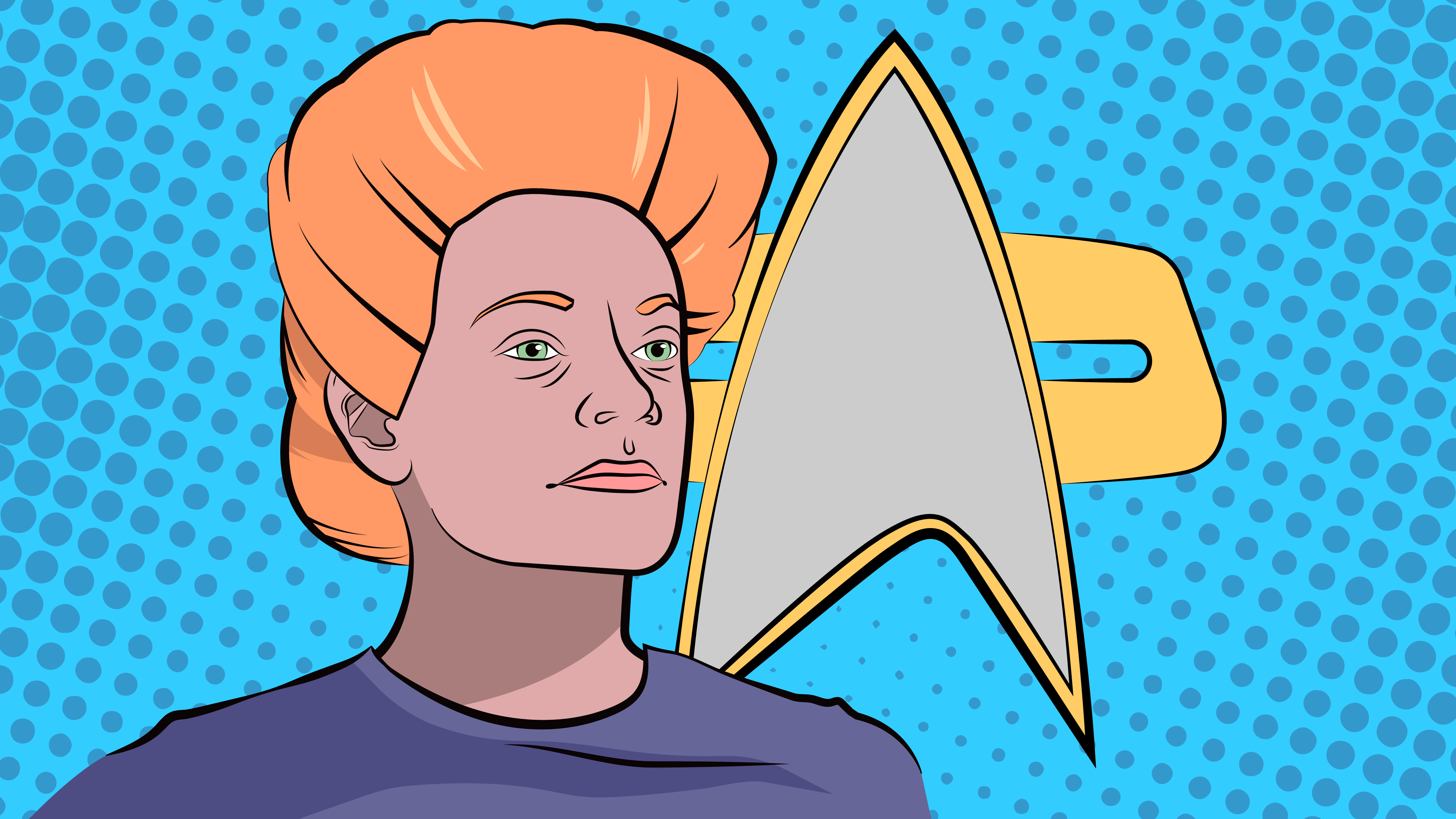 Pop Art-style image of a character from the Star Trek: Deep Space Nine episode Sanctuary, featuring a woman in profile and a Starfleet insignia.