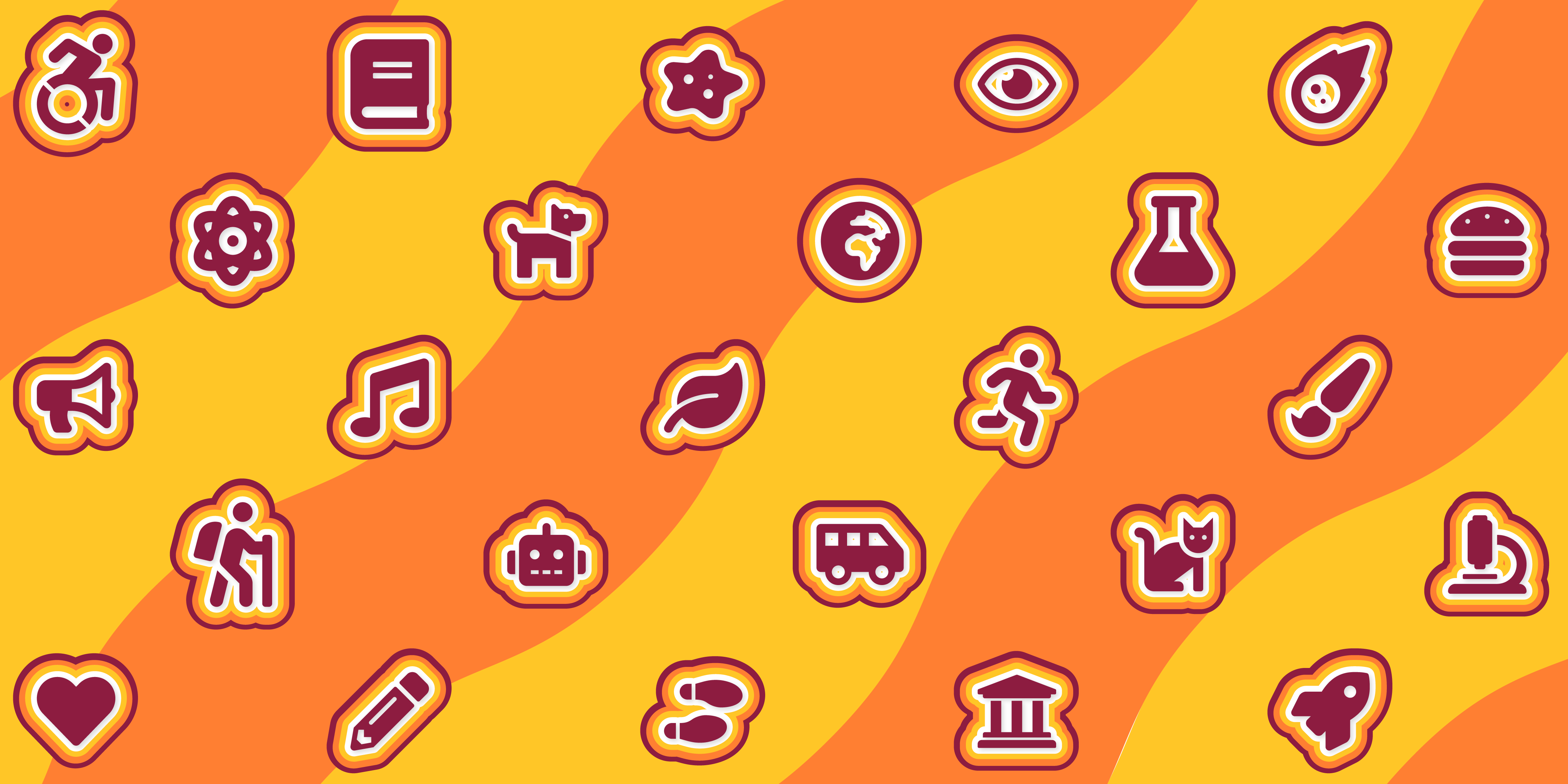 Icons of atoms, dogs, music notes, buses, robots, and more on a yellow and orange background