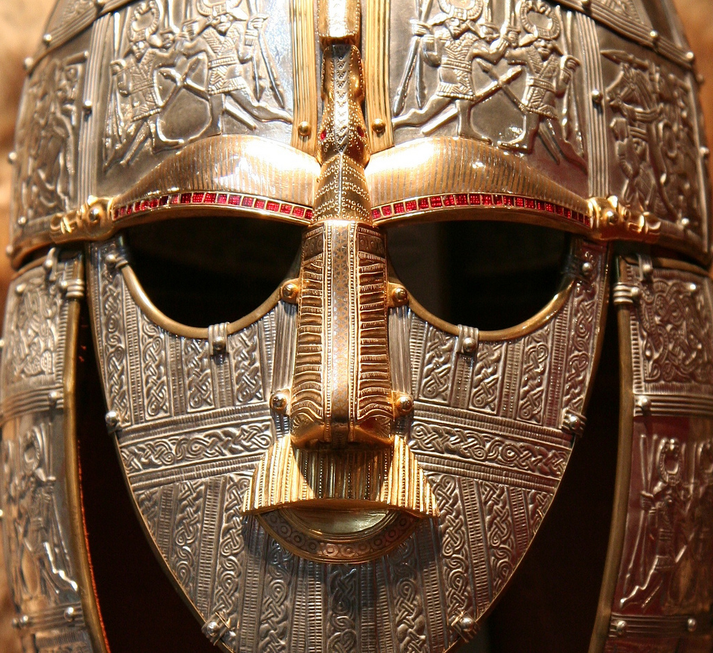 Replica of the helmet from the Sutton Hoo ship-burial 1, England. Face-mask in British Museum. Photo by Flickr user IH used under CC 2.0.