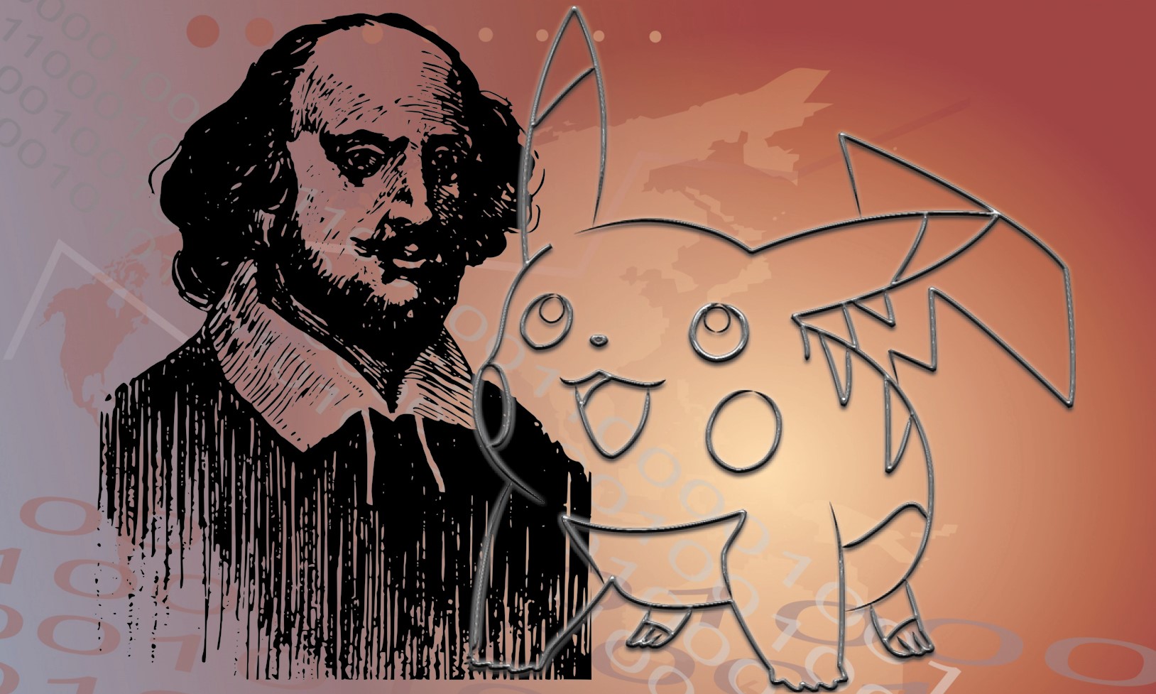 Illustration of Shakespeare and Pikachu over binary code