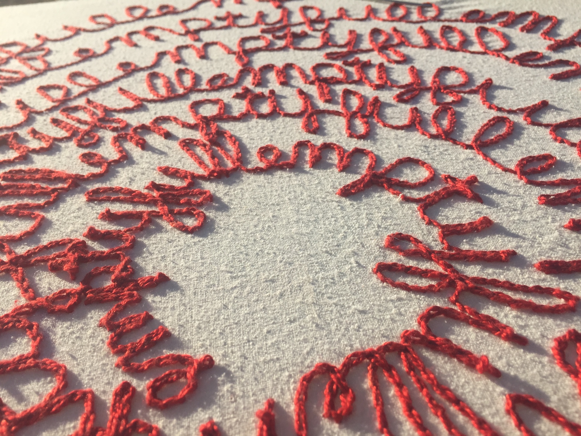 An image of embroidered words; artwork by Shannon Ludington