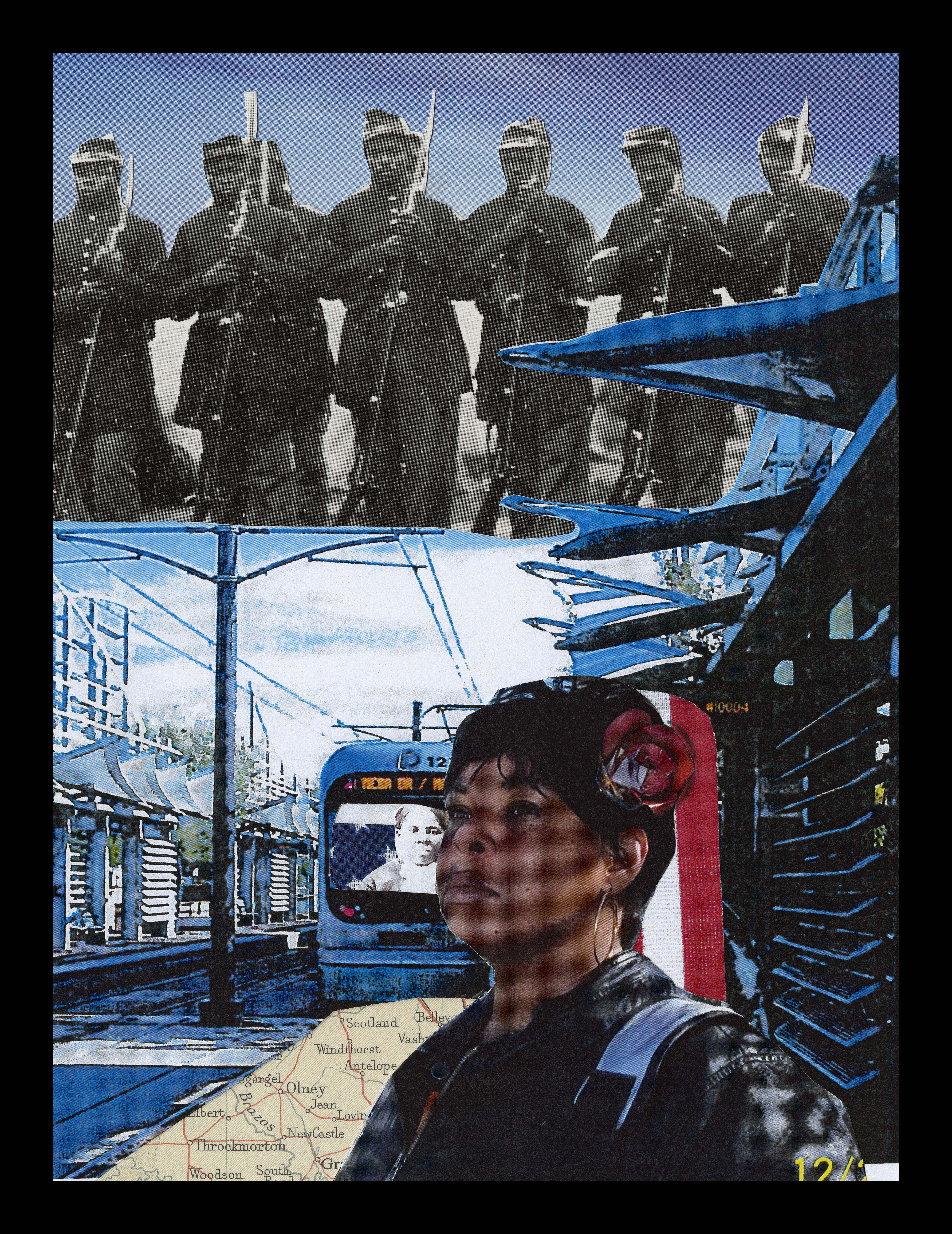 Original artwork - collage depicting buffalo soldiers, light rail, Harriet Tubman, and contemporary A.A. woman. 