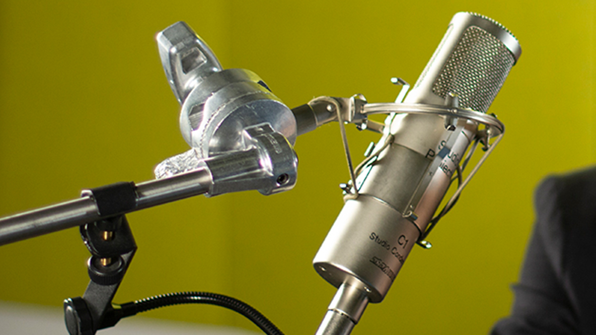 A silver metal microphone