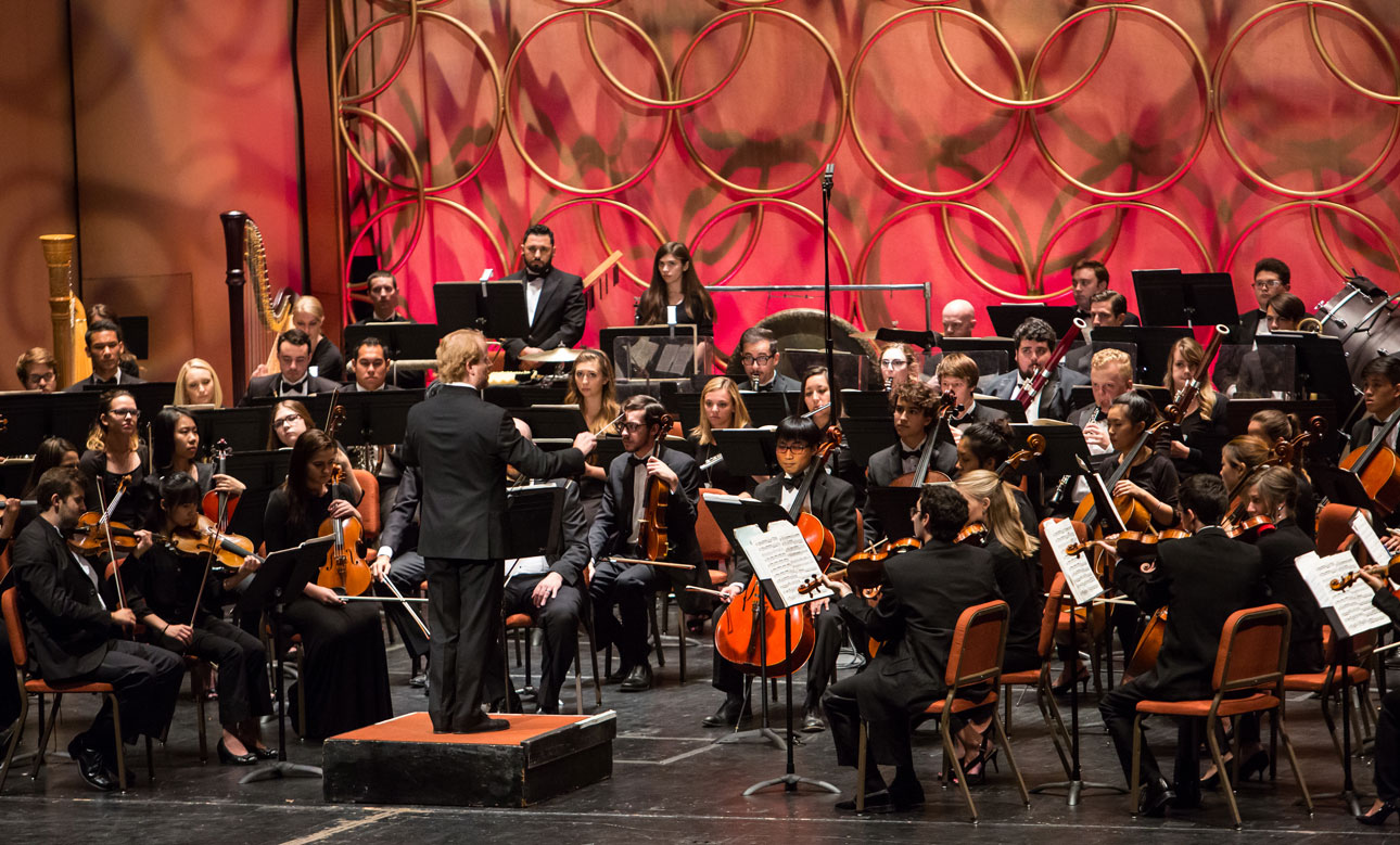 Photo of the ASU Symphony Orchestra with Jeffery Meyer conducting