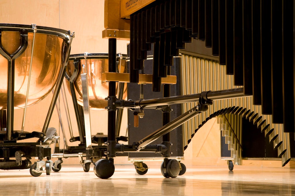 Stock photo of percussion instruments on Katzin Concert Hall stage