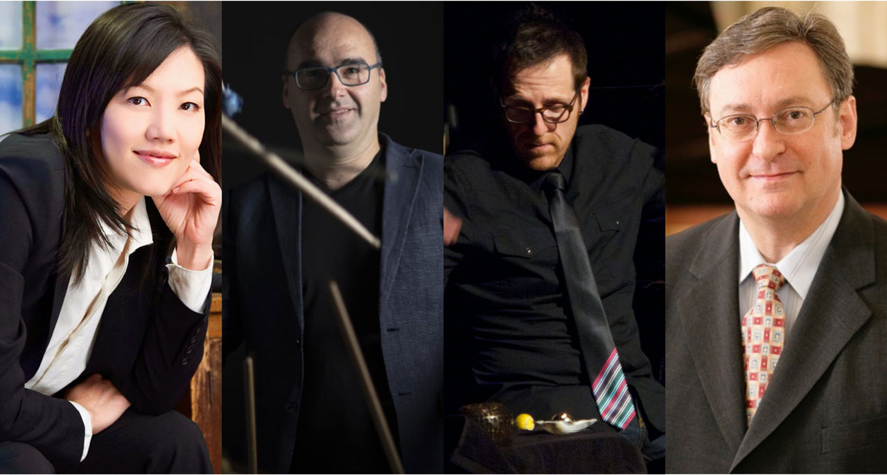 Photos of  Sunny Kuo (piano), Simone Mancuso (percussion), Morris Palter (percussion, U of A) and Russell Ryan (piano)