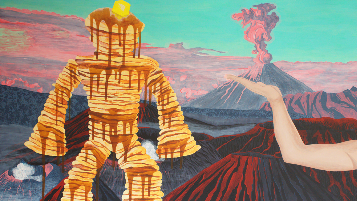 A painting showing a figure made of stacked pancakes with a volcano and arm reaching in the background