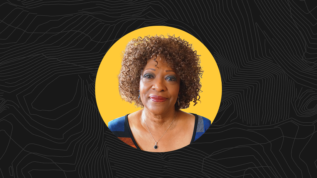 Portrait of Rita Dove over black topographic pattern of "A" mountain. 