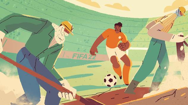 Illustration of soccer player kicking ball on a large stadium field while workers dig nearby. FIFA 2022 visible on stadium wall in background