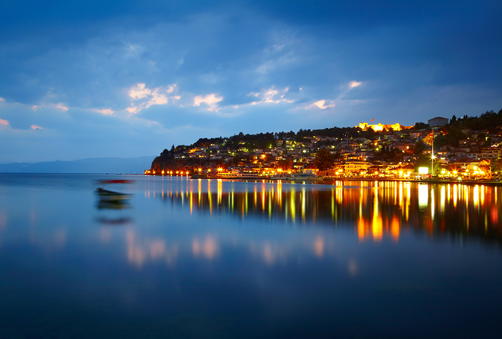 Lake Ohrid in North Macedonia at night