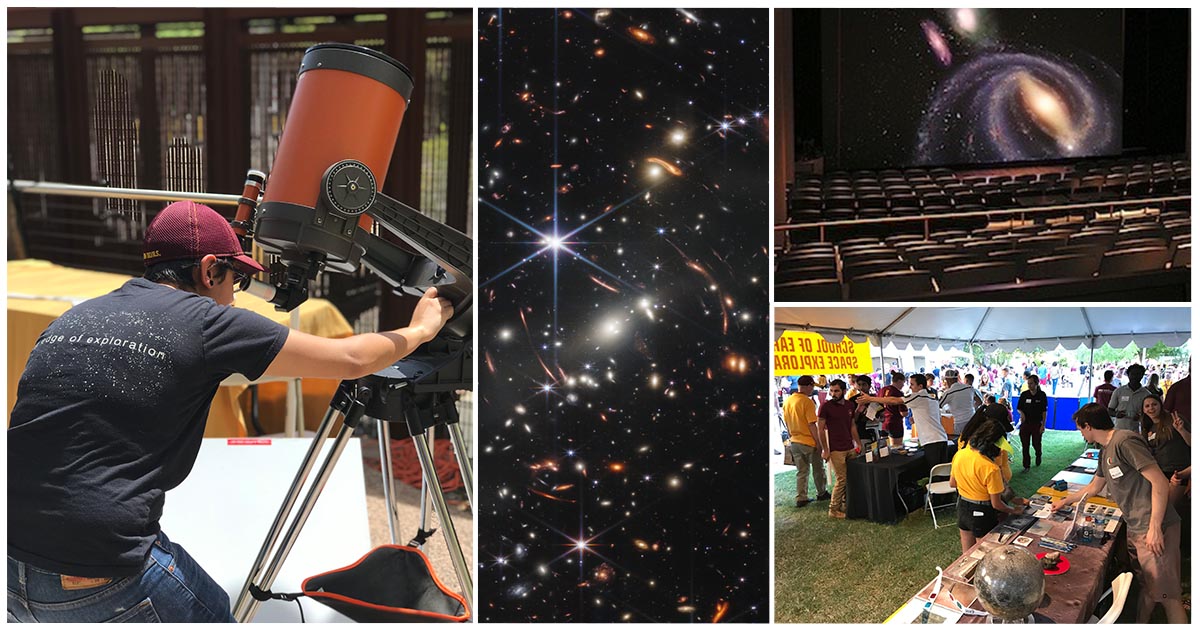 A collage of images including a student looking through a telescope, an image of the Marston Theater, and an outside event with tables and the public walking around them.