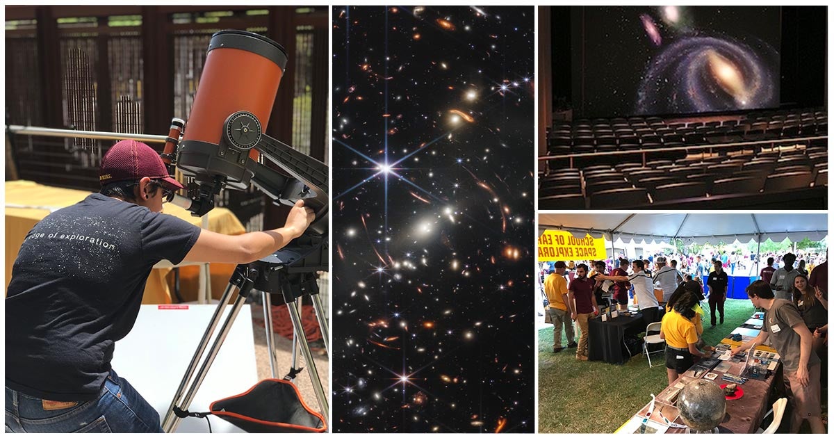 A collage of images including a student looking through a telescope, an image of the Marston Theater, and an outside event with tables and the public walking around them.