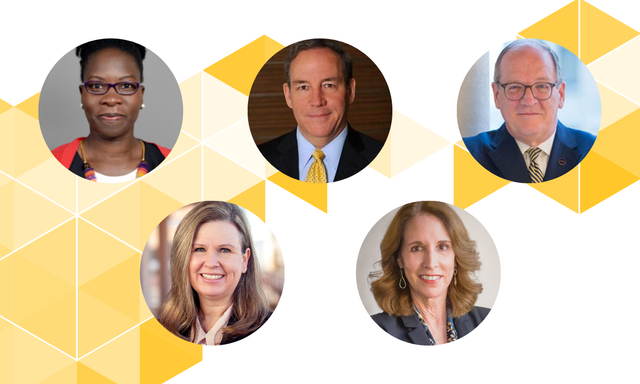 Gold geometric gradient pattern behind five circle portraits of the moderator and panelists 