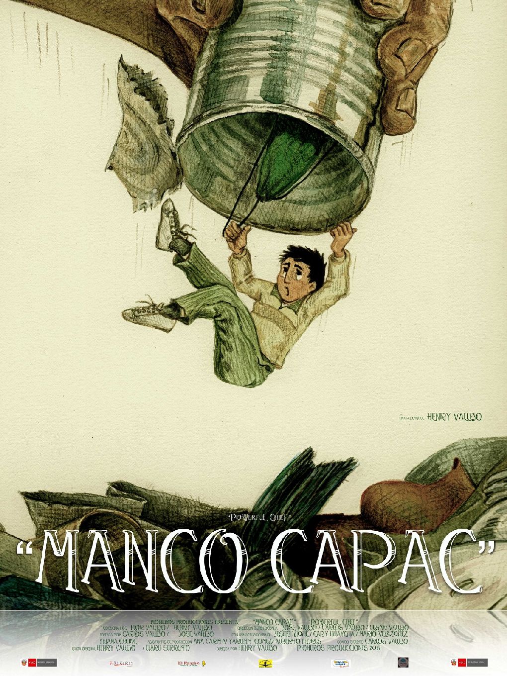 portion of film poster for 'Manco Capac" featuring illustration of a young man hanging by a thread as a large hand tips him from a jaggedly opened tin can