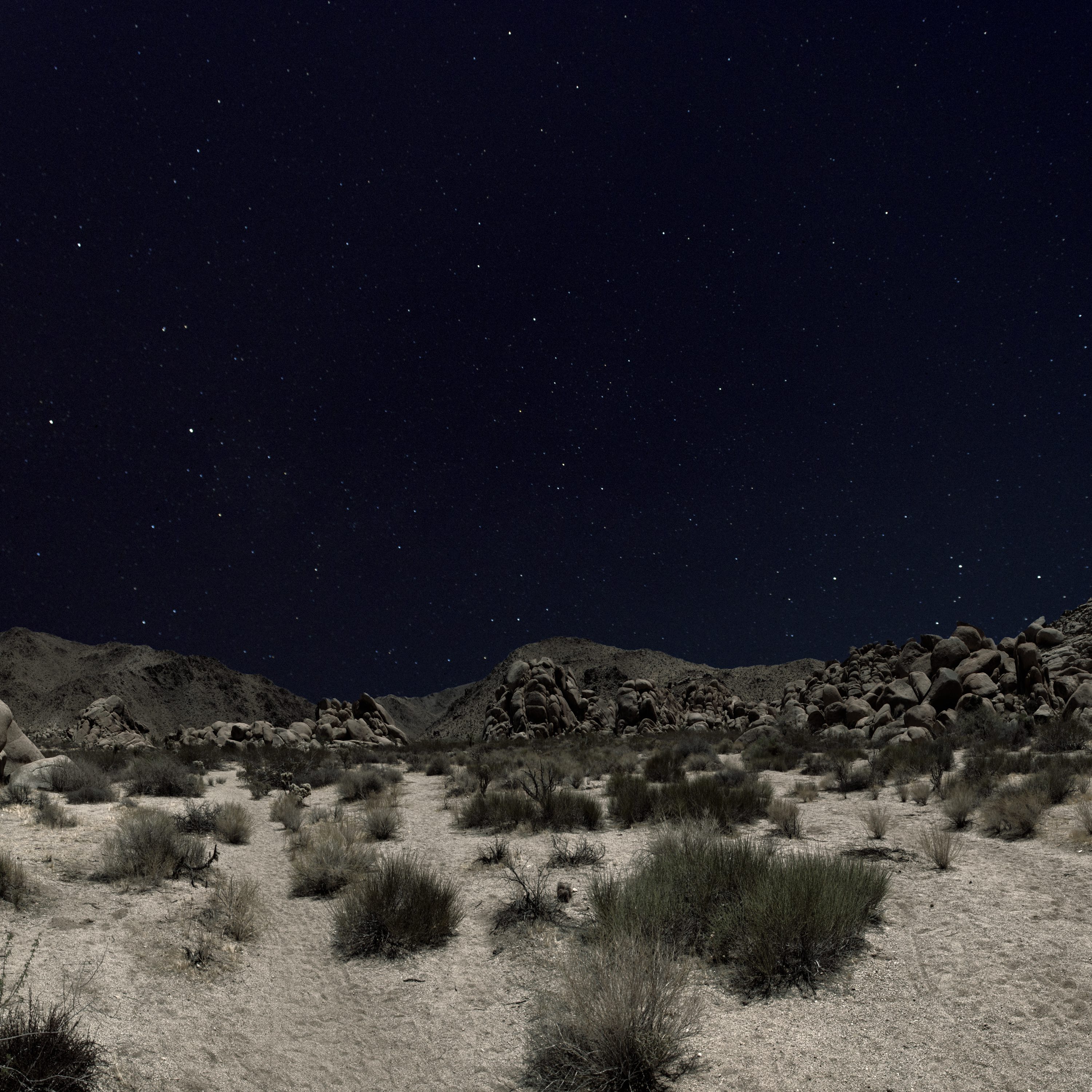 Artwork featuring image of desert landscape and mountains opening up to star-filled sky
