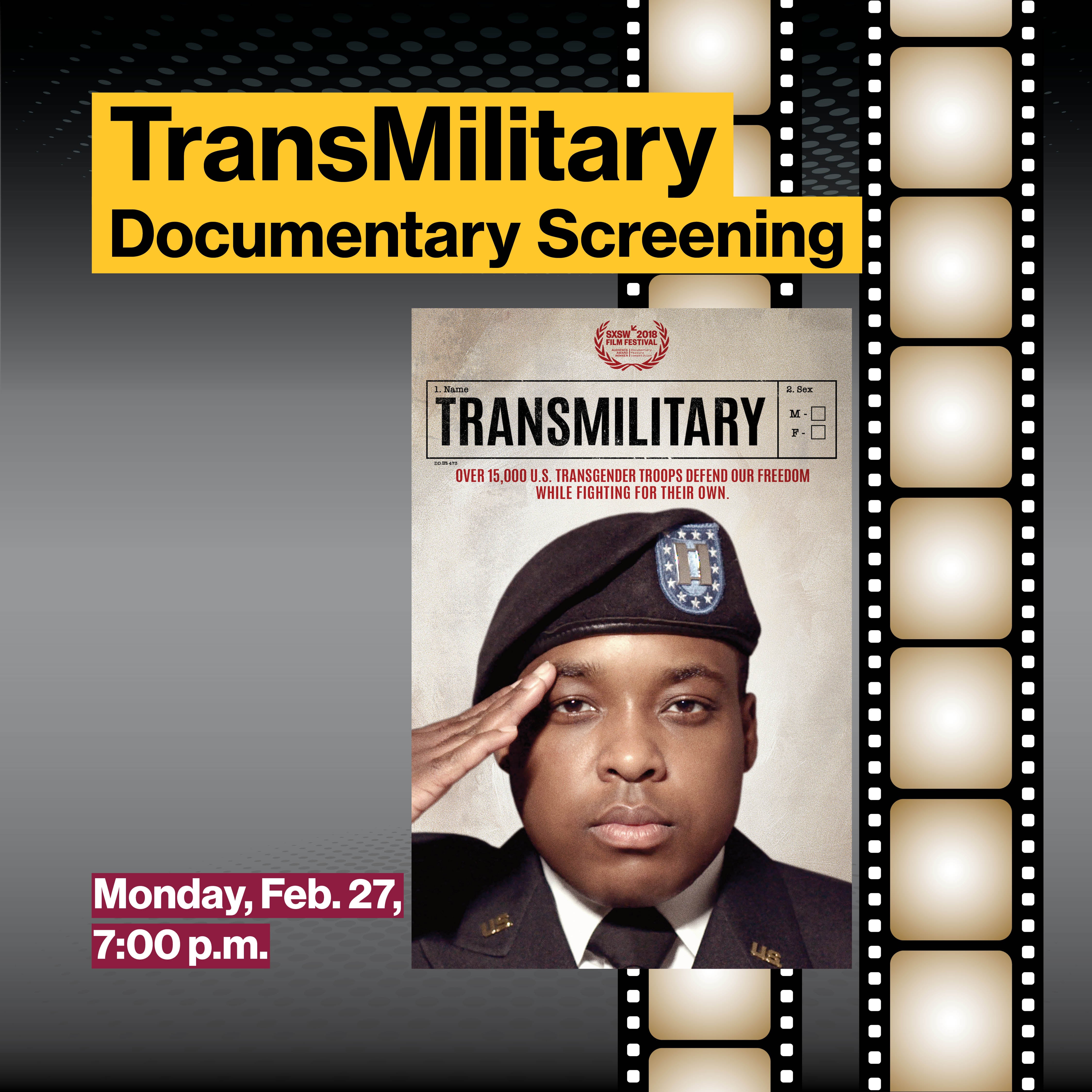 Picture of soldier with the text TransMilitary Documentary Screening