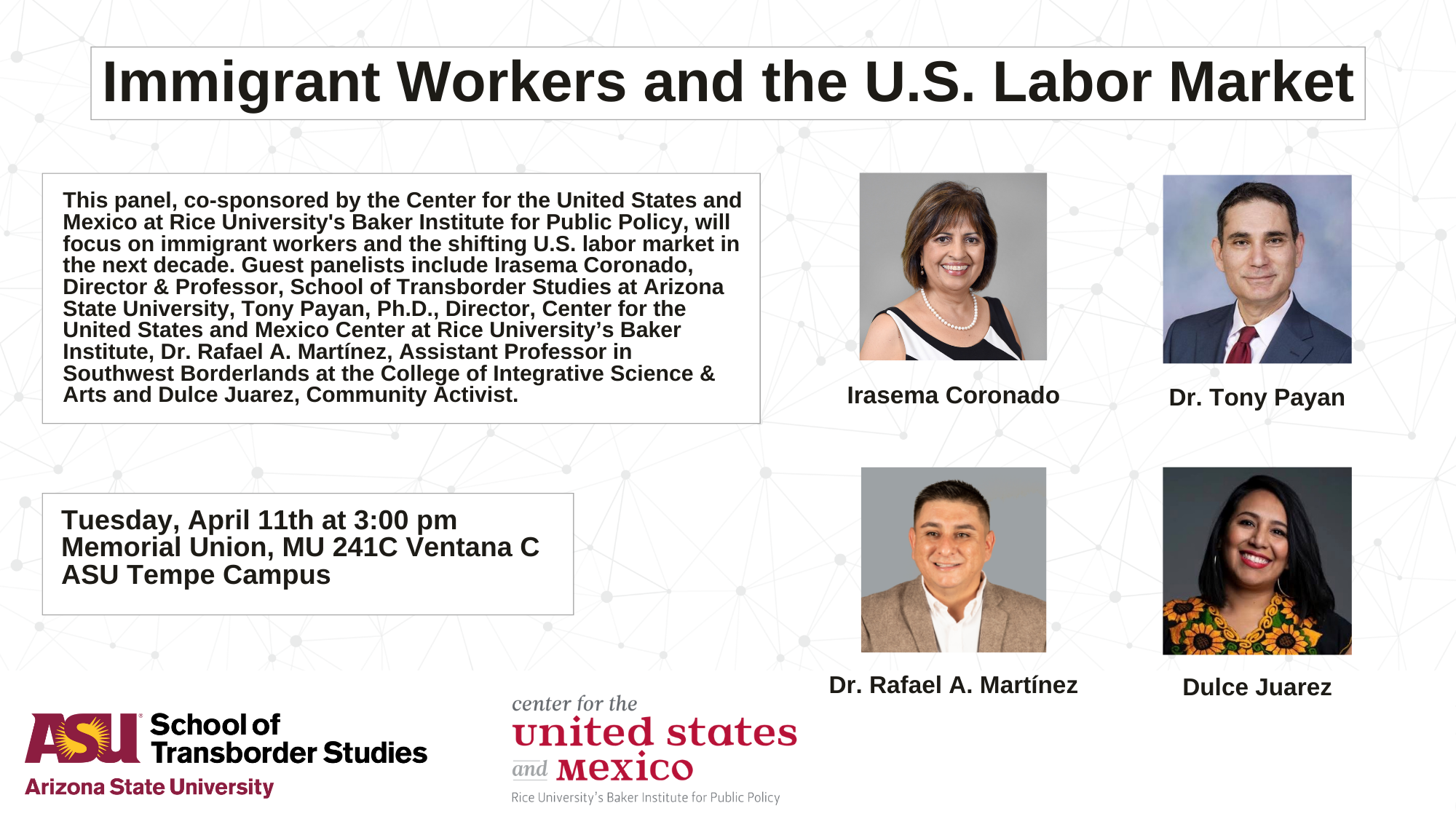 Flyer with Description of Event and photos of panel members.