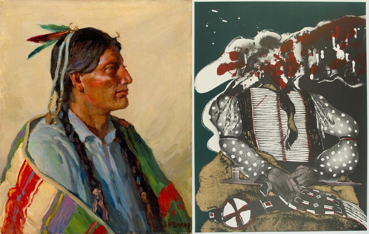 Joseph Henry Sharp, “Portrait of Taos Indian,” c. 1914, oil on linen canvas, 17 x 14 in., Gift of Oliver B. James. Fritz Scholder, “Portrait of a Massacred Indian,” 1973, lithograph, 40 x 30 in., Gift of Mr. Burton Horwitch. 