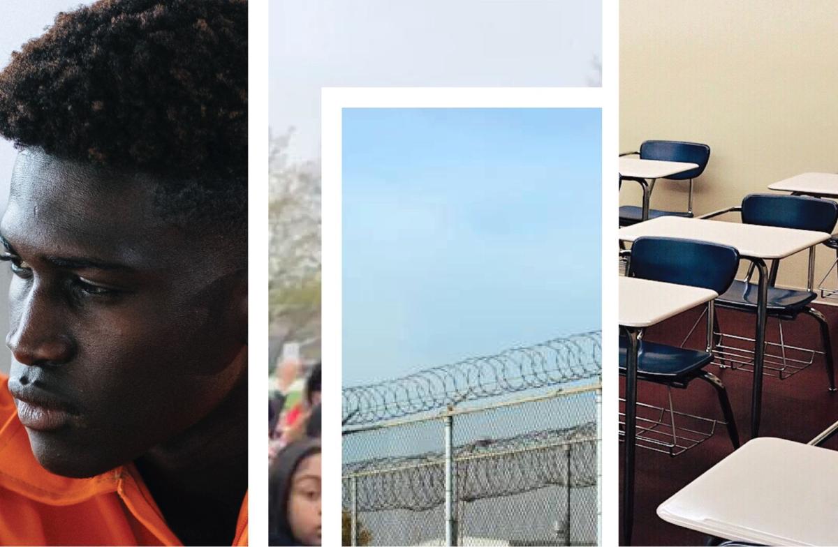 A collage of images shows a black young man in an orange jumpsuit, the barbed wire fence of a prison, and empty classroom chairs
