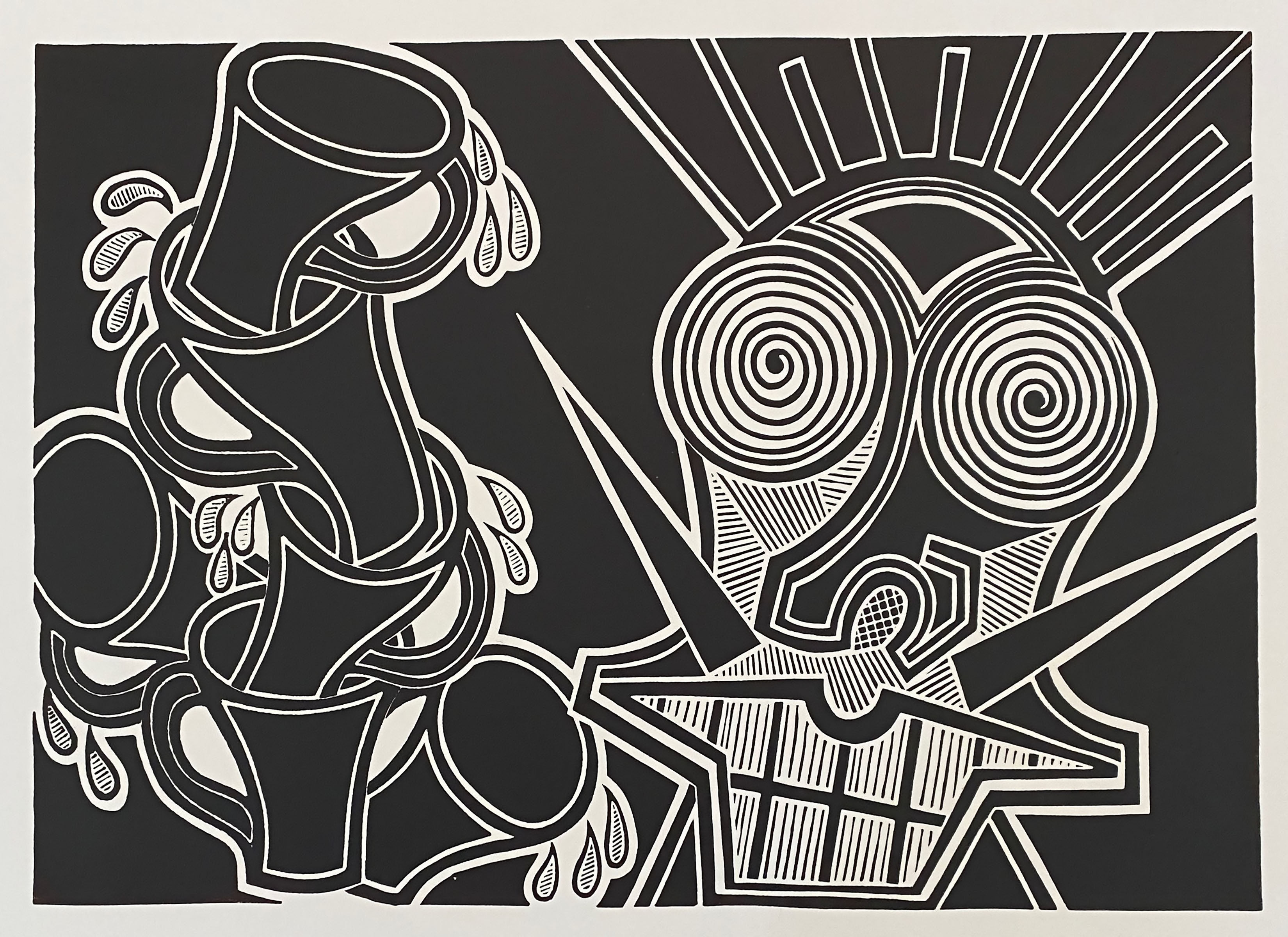 Energetic graphic outline drawing of a person holding coffee