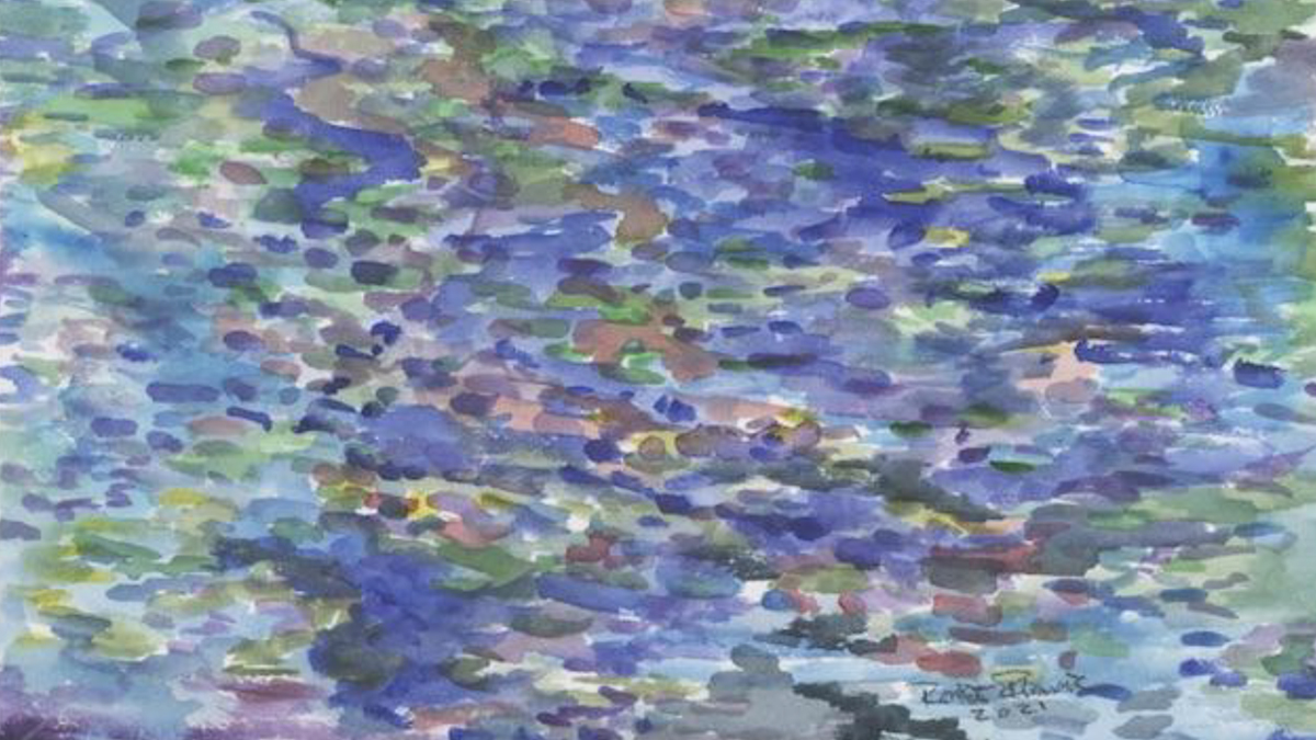 An abstract painting in cool tones evoking nature